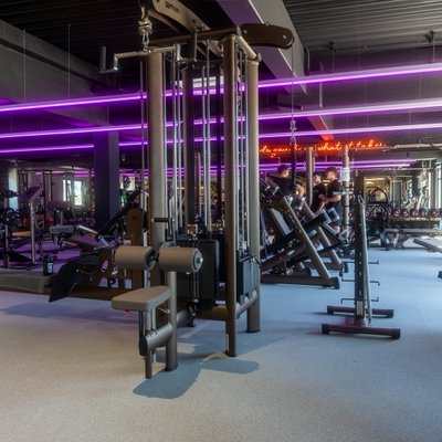 Level 7 Fitness Oberkirch - Trainingsgeräte mit toller Lila Beleuchtung.